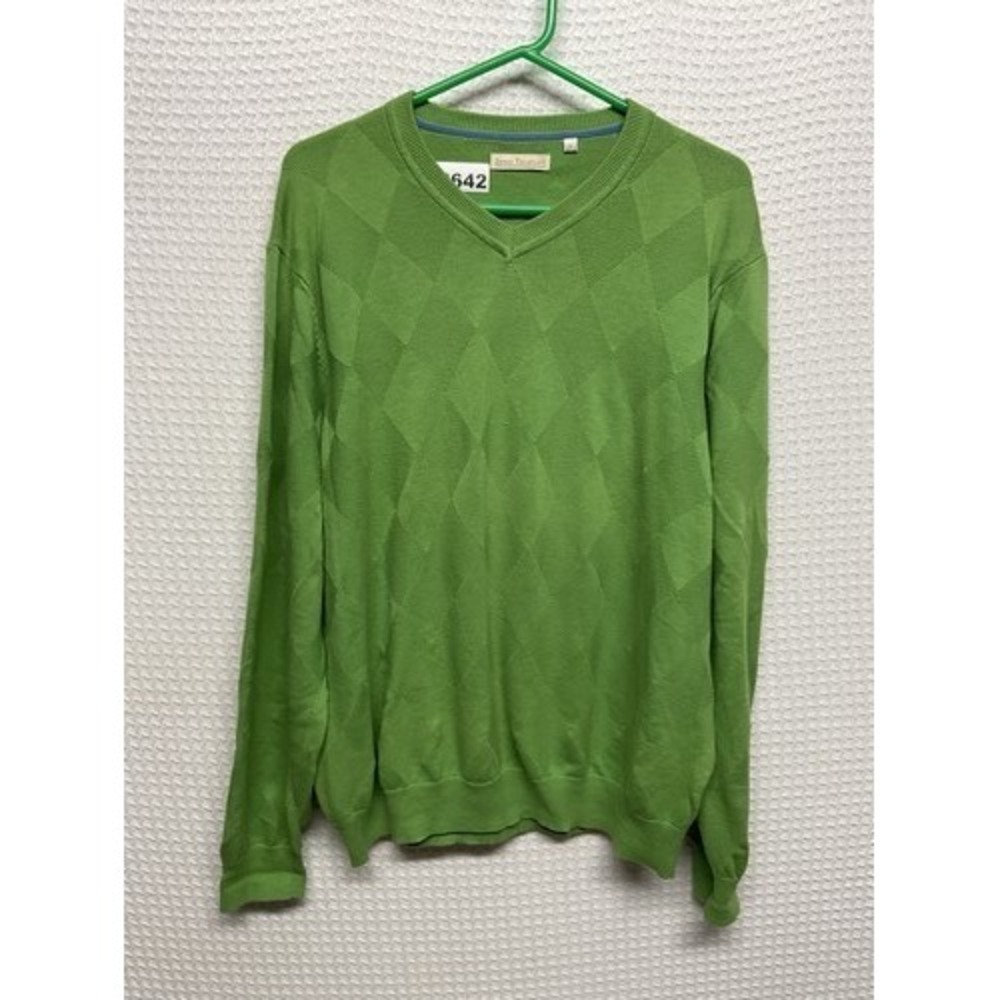 James Tattersall Green Textured Knit V-Neck Sweater Men Large Hong Kong Cotton